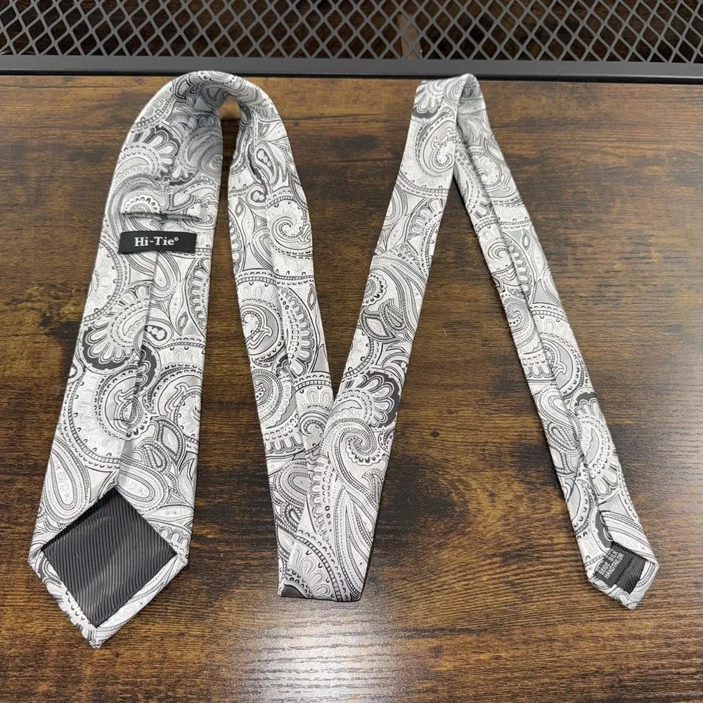 Hi-Tie‎ Grey Silver Paisley 100% Silk Necktie Men's Classic Formal Wedding